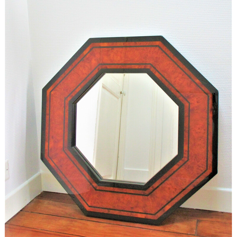 Vintage octagonal mirror in wood and wood burl by Jean-Claude Mahey 1970s