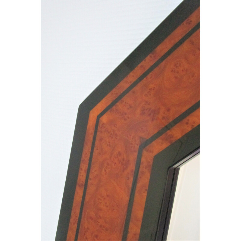 Vintage octagonal mirror in wood and wood burl by Jean-Claude Mahey 1970s