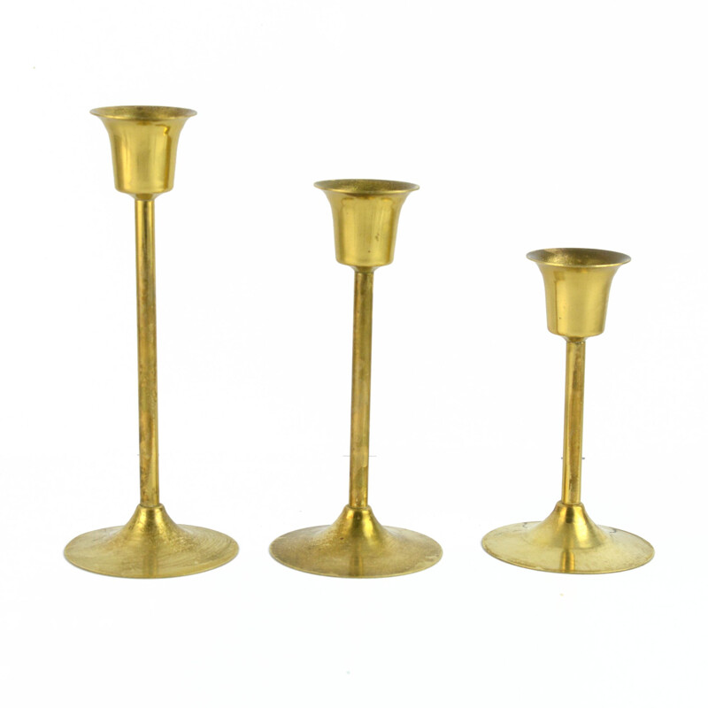 Set of 3 vintage brass modernist candlesticks, Sweden 1970