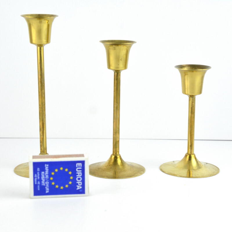 Set of 3 vintage brass modernist candlesticks, Sweden 1970