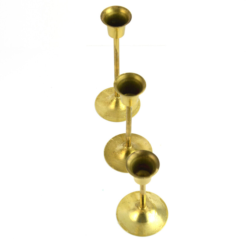 Set of 3 vintage brass modernist candlesticks, Sweden 1970