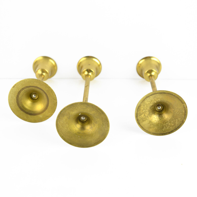 Set of 3 vintage brass modernist candlesticks, Sweden 1970