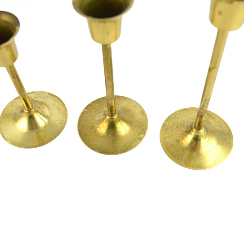 Set of 3 vintage brass modernist candlesticks, Sweden 1970