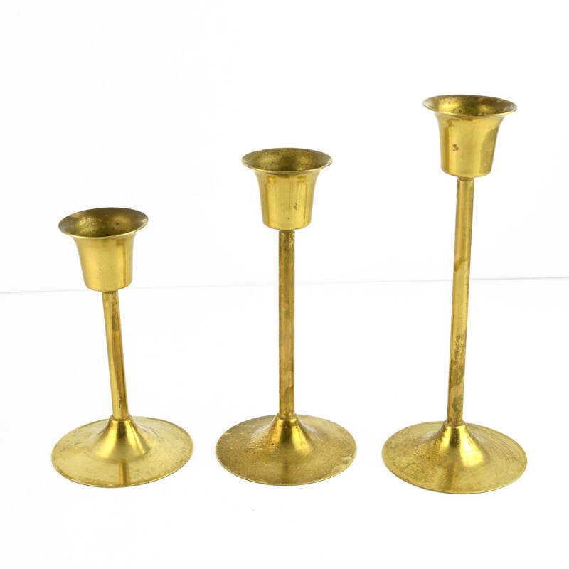 Set of 3 vintage brass modernist candlesticks, Sweden 1970