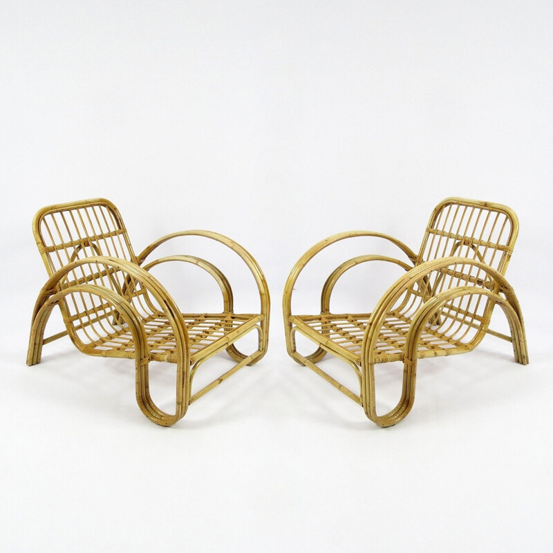 Pair of vintage rattan lounge chairs, Dutch 1960s