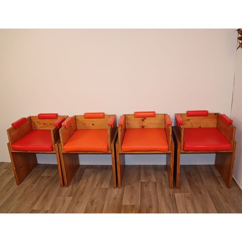 Lot of 4 vintage pine armchairs 1960s