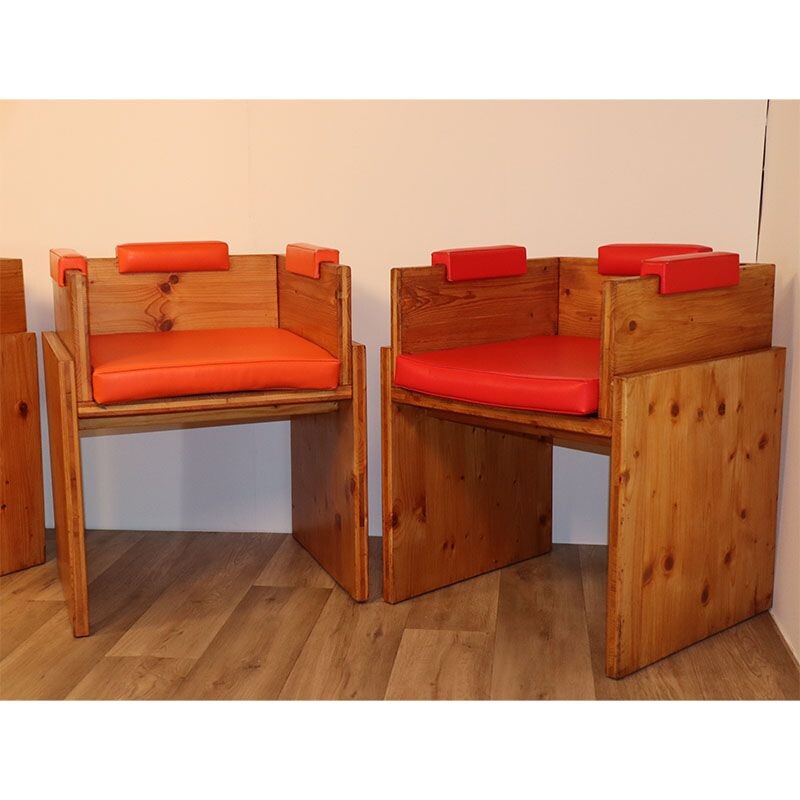 Lot of 4 vintage pine armchairs 1960s