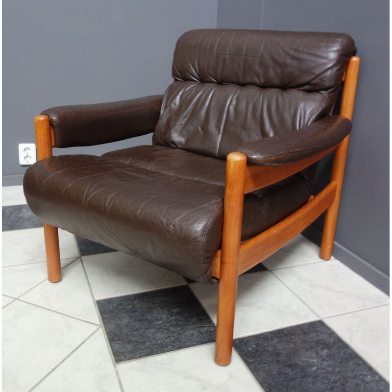 Fauteuil vintage en cuir marron 1970