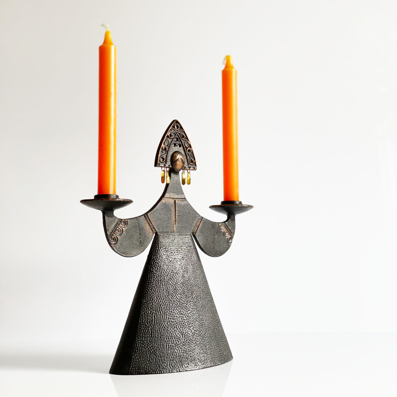 Large vintage candelabra in forged and patinated metal. Finland 1950s