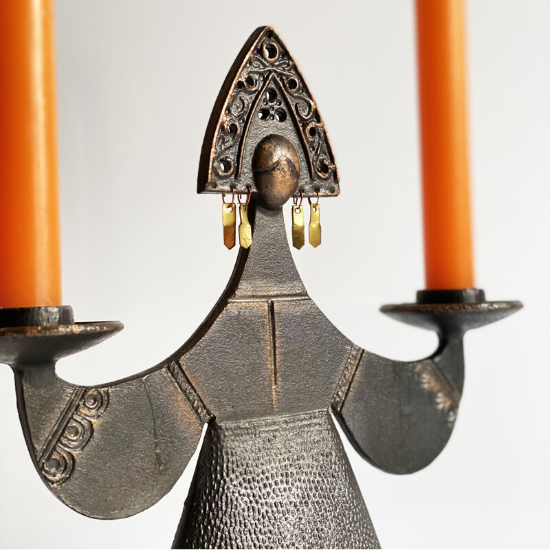 Large vintage candelabra in forged and patinated metal. Finland 1950s