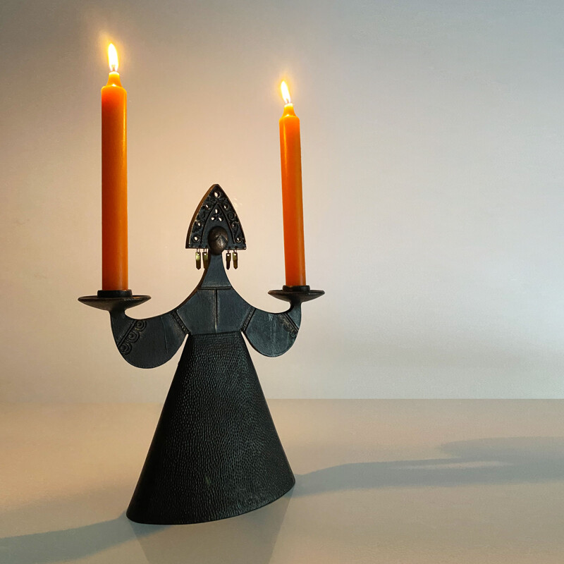 Large vintage candelabra in forged and patinated metal. Finland 1950s