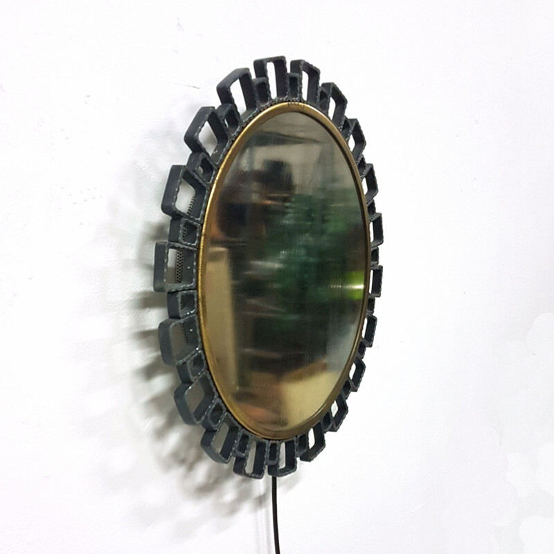 Vintage Cast iron illuminated mirror by Hillebrand, Germany 1960s