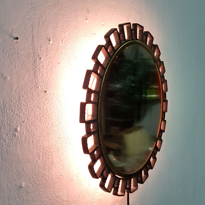 Vintage Cast iron illuminated mirror by Hillebrand, Germany 1960s