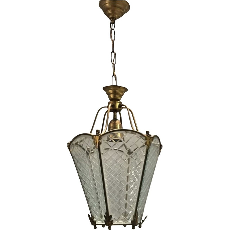 Vintage bronze pendant lamp with etched glass, 1940