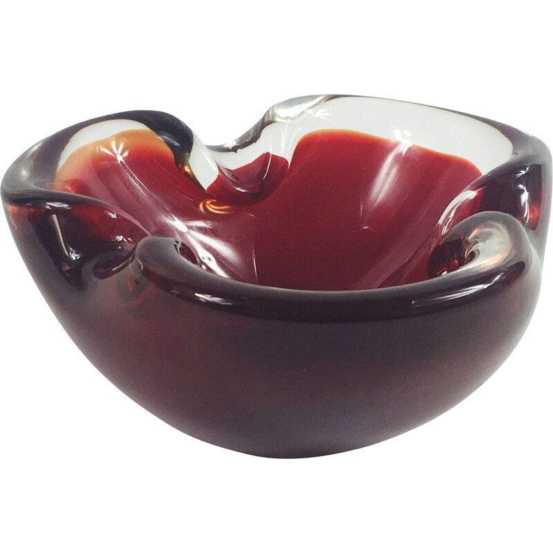 Mid-Century Murano Glass Ashtray Bowl, red and clear Italy 1960s