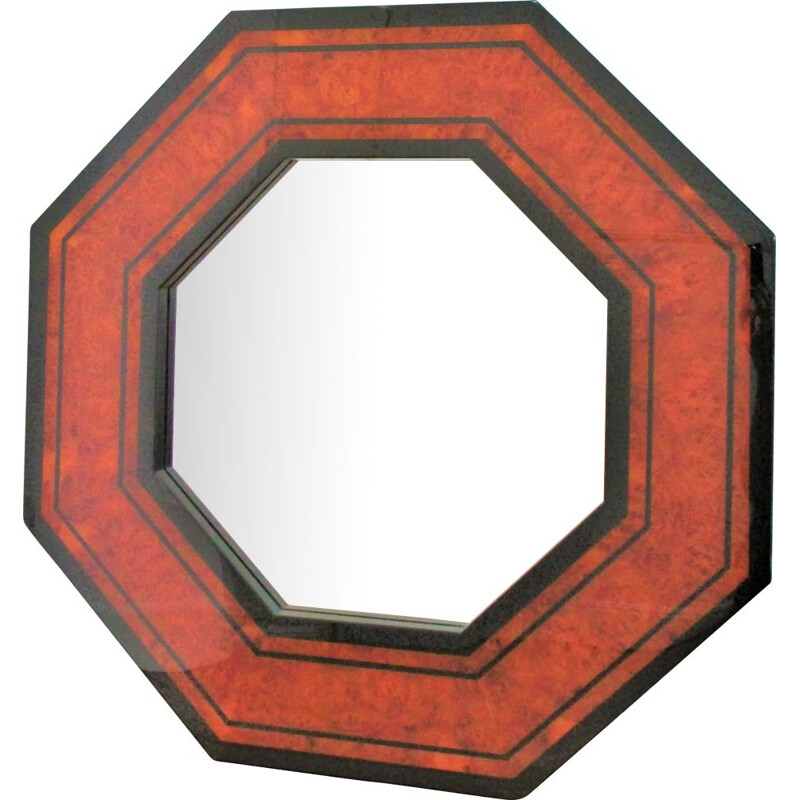 Vintage octagonal mirror in wood and wood burl by Jean-Claude Mahey 1970s