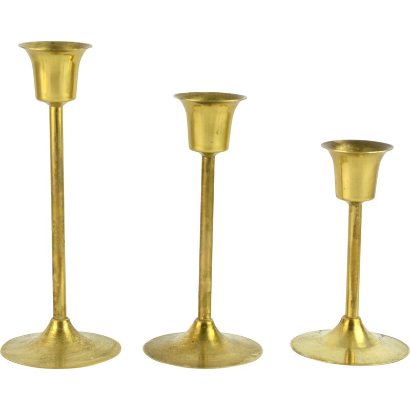 Set of 3 vintage brass modernist candlesticks, Sweden 1970