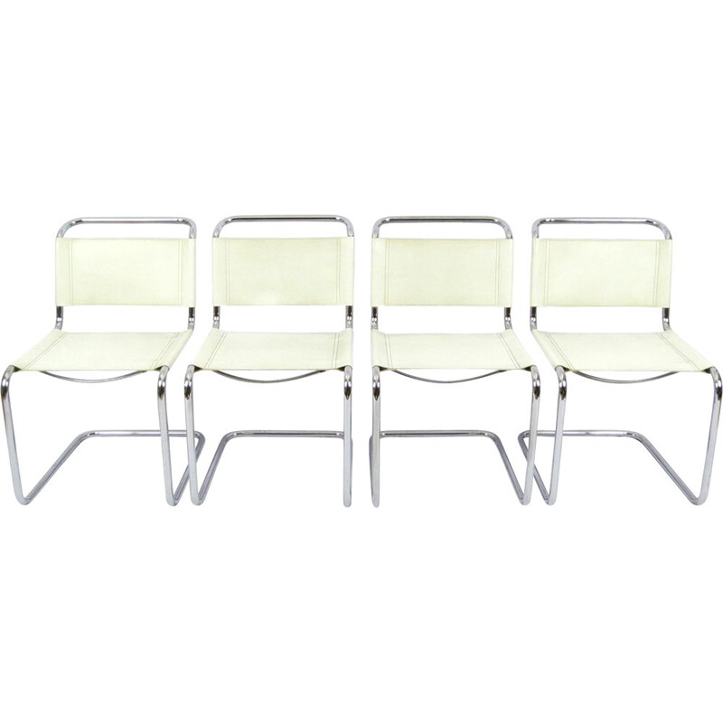 Set of 4 vintage chromed metal and skai chairs 1980s