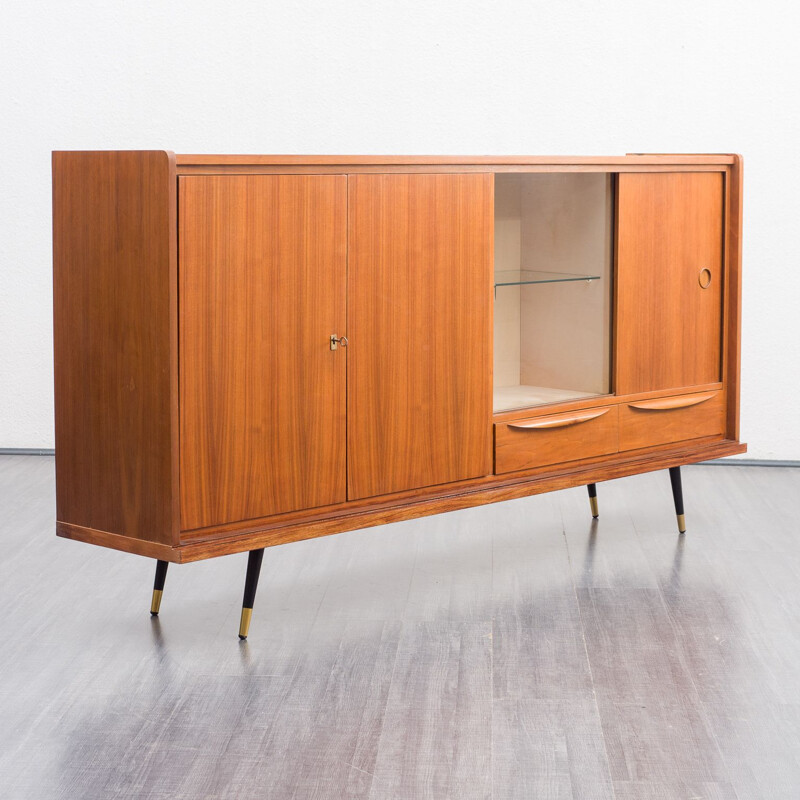 Vintage highboard with showcase compartment walnut, Italian 1950s