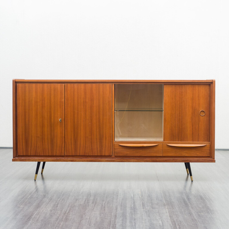 Vintage highboard with showcase compartment walnut, Italian 1950s