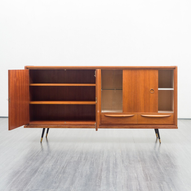 Vintage highboard with showcase compartment walnut, Italian 1950s