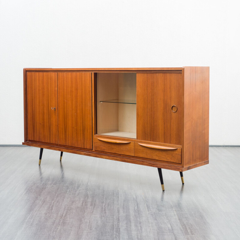 Vintage highboard with showcase compartment walnut, Italian 1950s