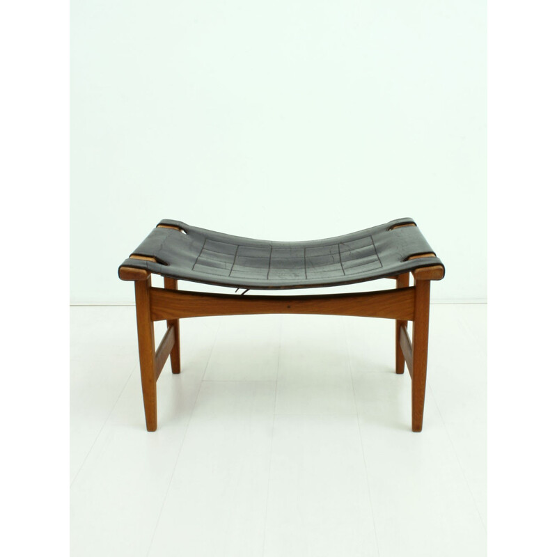Foot rest ottoman in teak wood and leather - 1960s