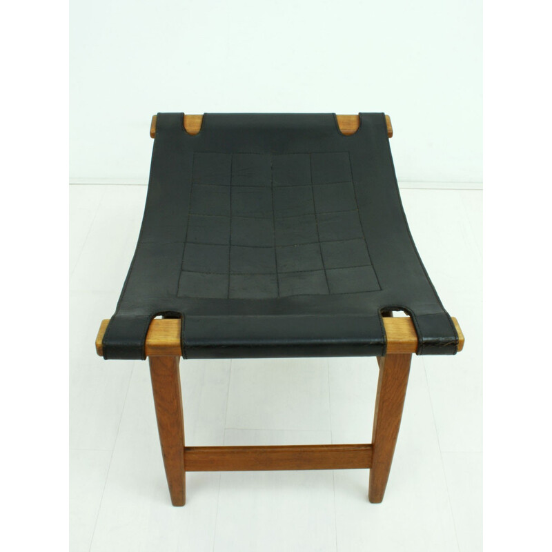 Foot rest ottoman in teak wood and leather - 1960s