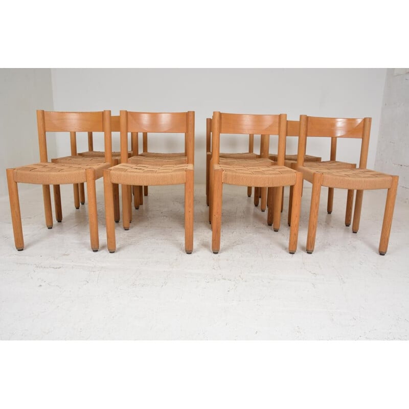 Set of 12 vintage modernist chairs in blond wood and strings