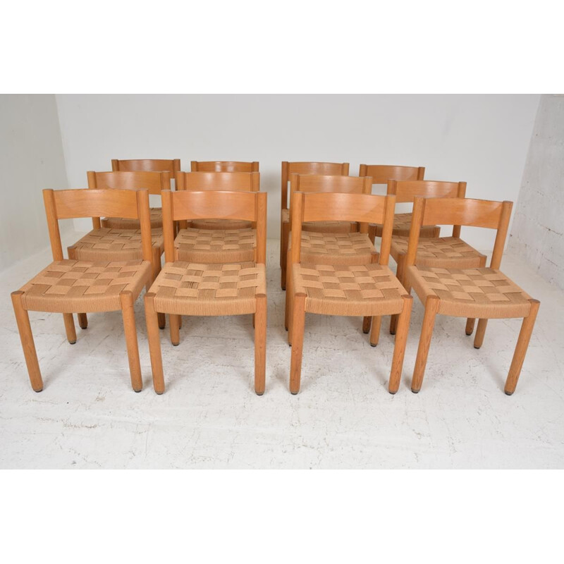 Lot de 12 chaises vintage modernistes en bois blond et cordes