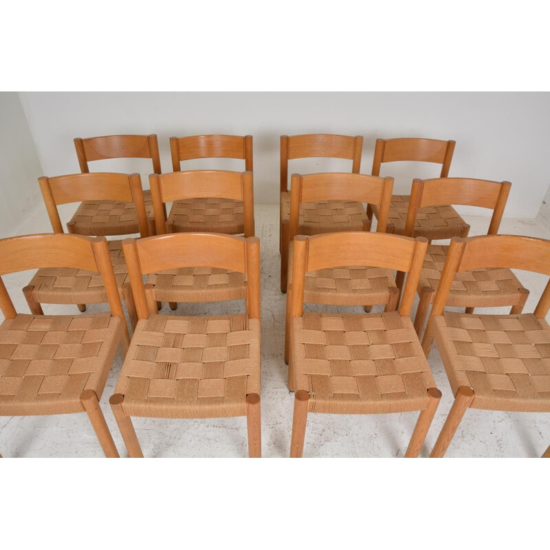Set of 12 vintage modernist chairs in blond wood and strings