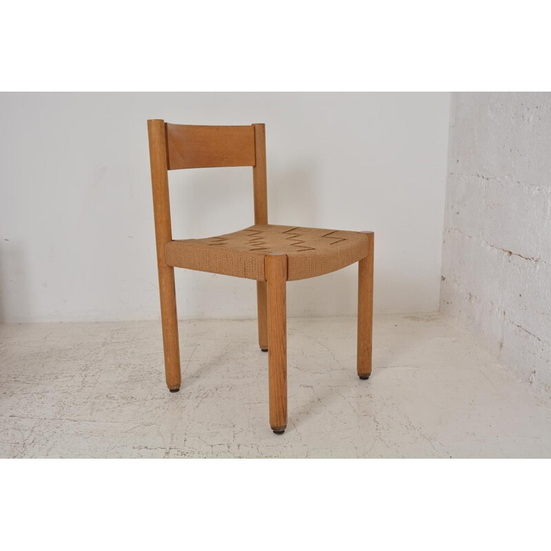 Set of 12 vintage modernist chairs in blond wood and strings