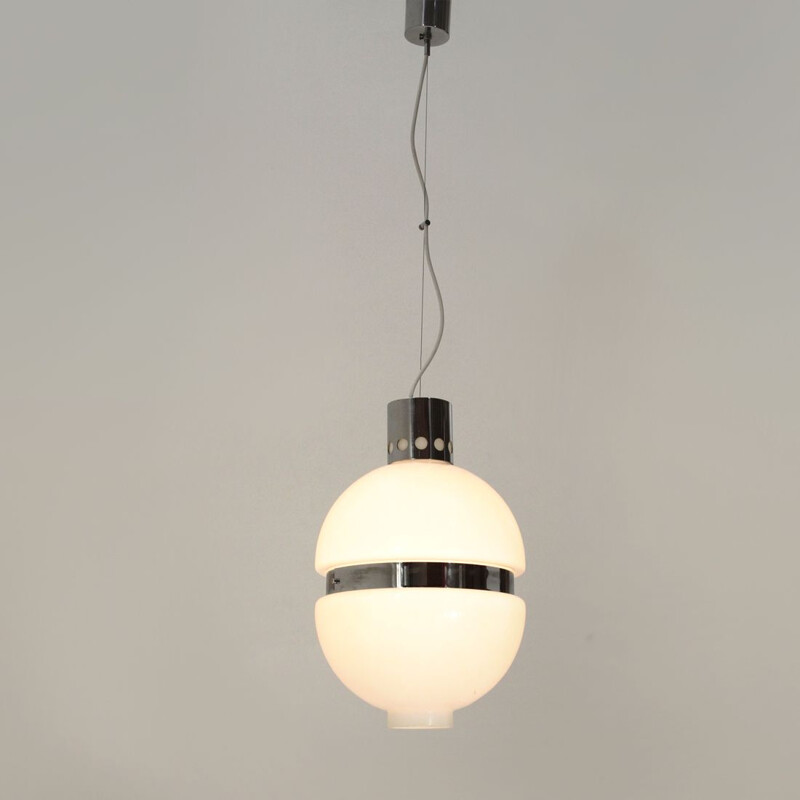 Vintage white glass and chrome metal pendant lamp, Italy 1960