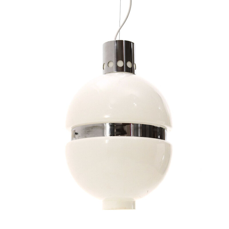 Vintage white glass and chrome metal pendant lamp, Italy 1960
