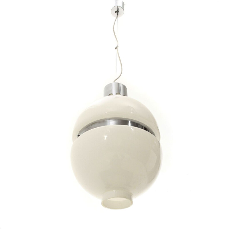Vintage white glass and chrome metal pendant lamp, Italy 1960