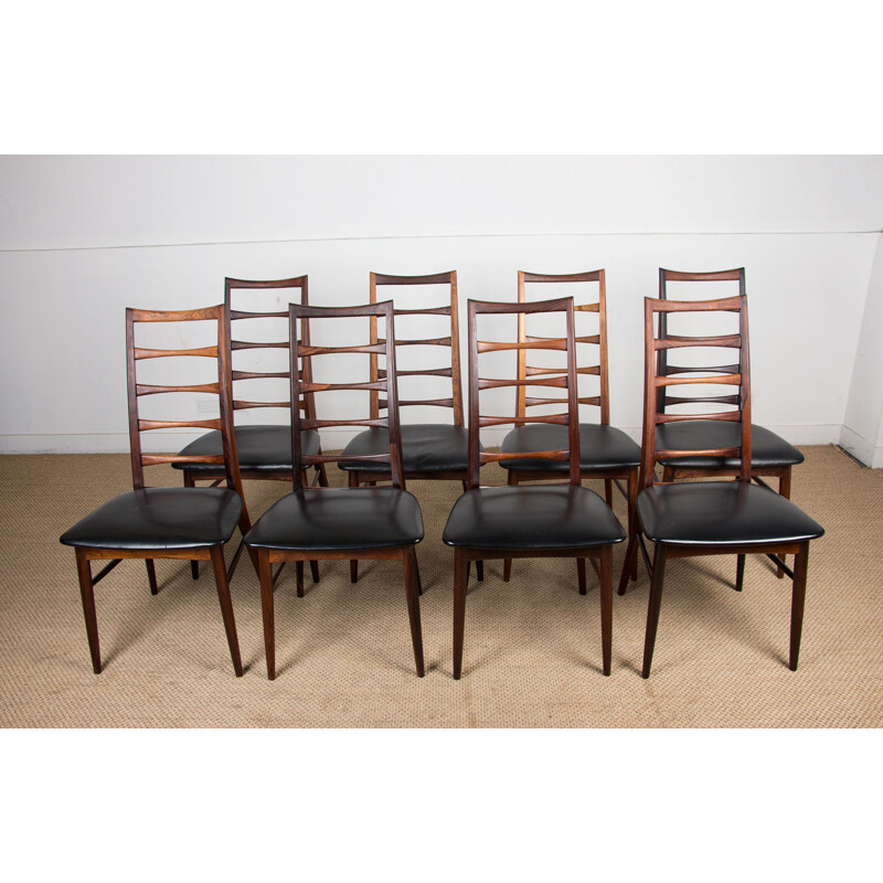 Set of 8 vintage Rio rosewood and black skai chairs by Niels Koefoed, Denmark 1960