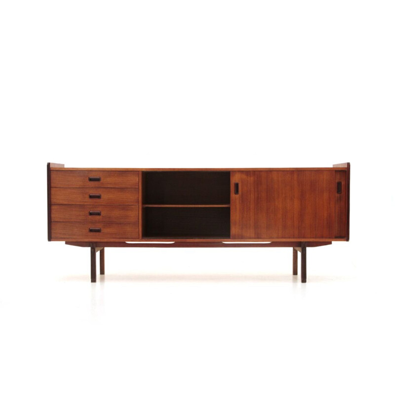 Vintage teak sideboard with drawers and compartment with sliding doors 1960