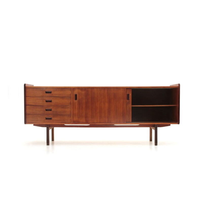 Vintage teak sideboard with drawers and compartment with sliding doors 1960