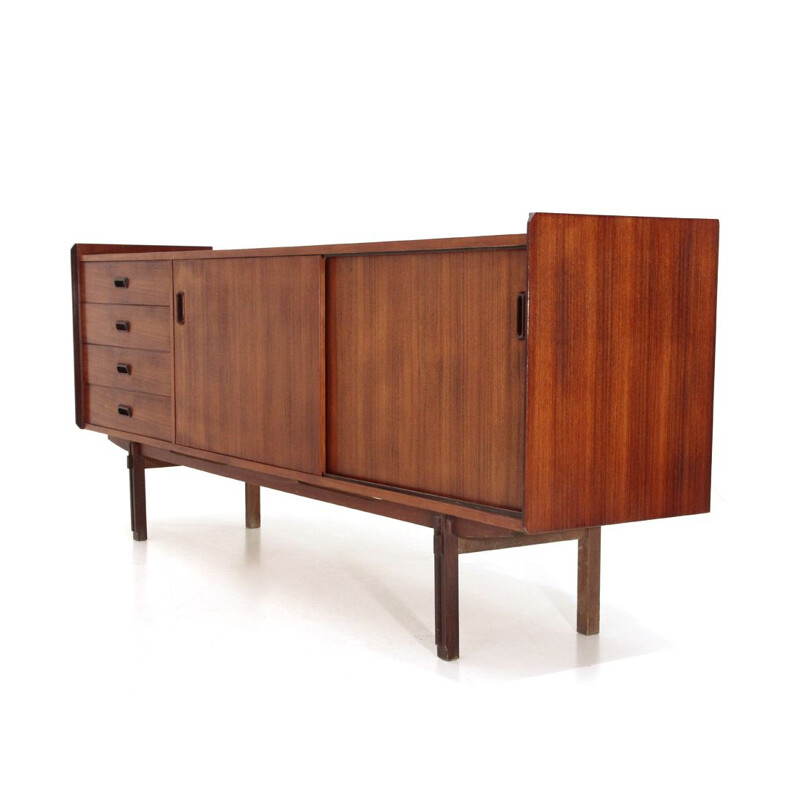 Vintage teak sideboard with drawers and compartment with sliding doors 1960