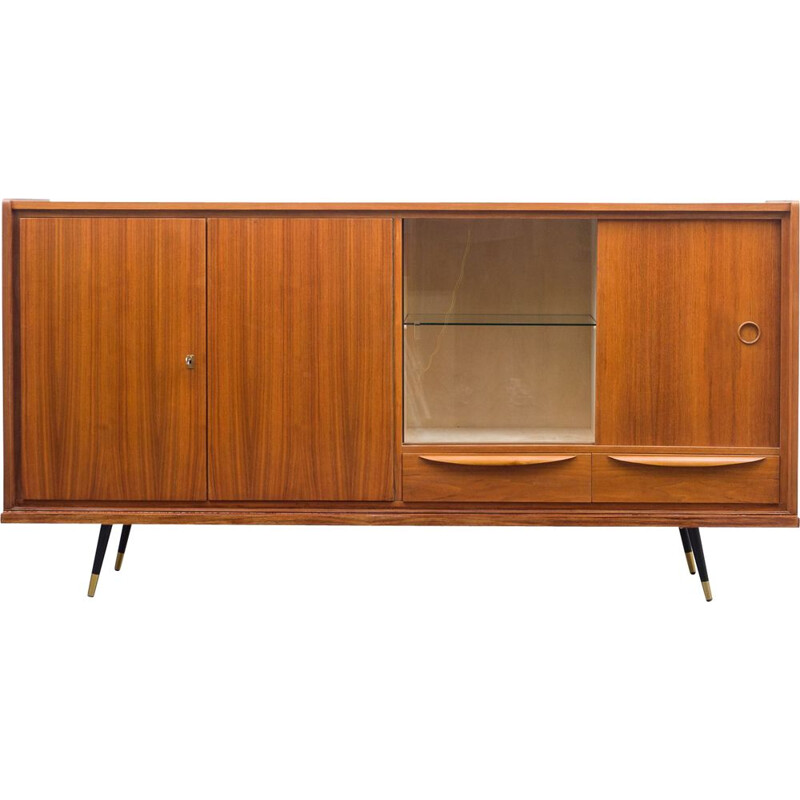 Vintage highboard with showcase compartment walnut, Italian 1950s