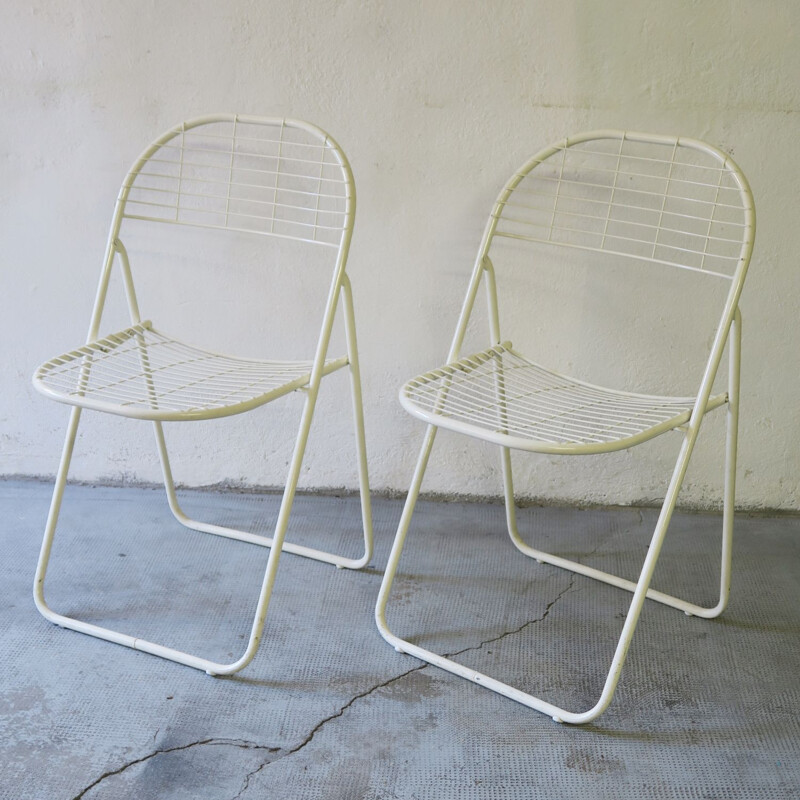 Pair of vintage white metal folding chairs 1980