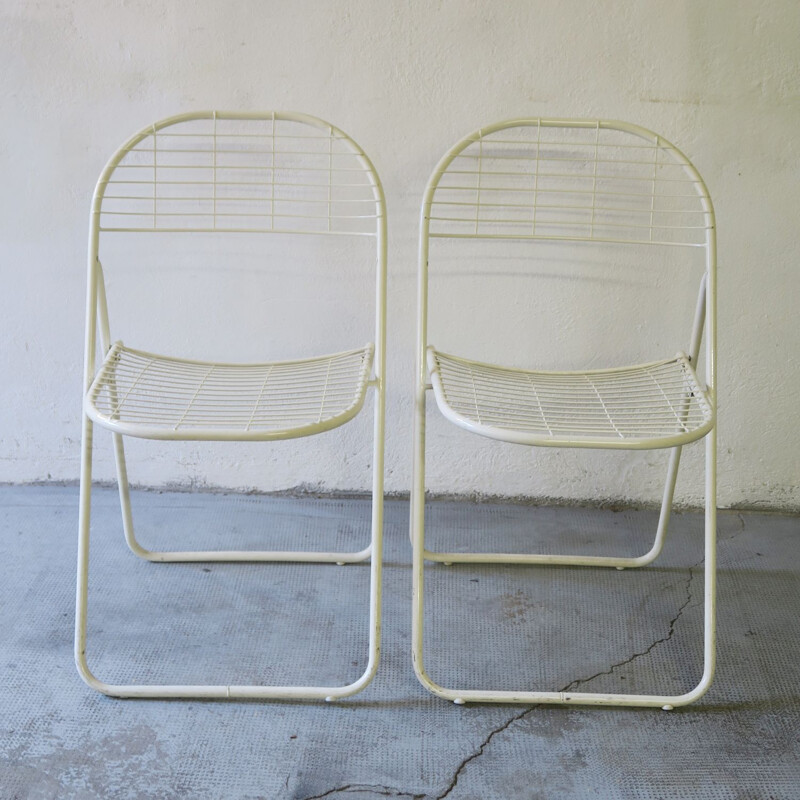 Pair of vintage white metal folding chairs 1980