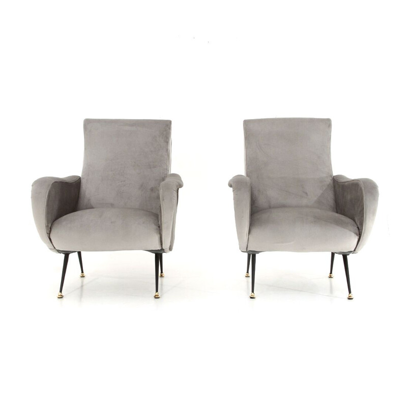 Pair of vintage grey velvet armchairs 1950