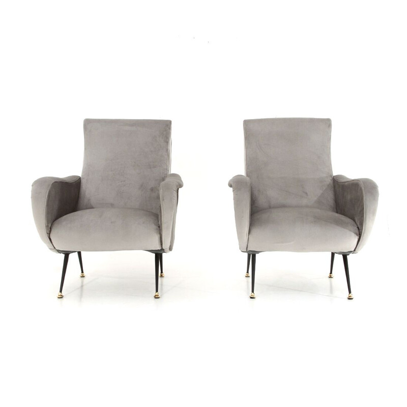 Pareja de sillones vintage de terciopelo gris 1950