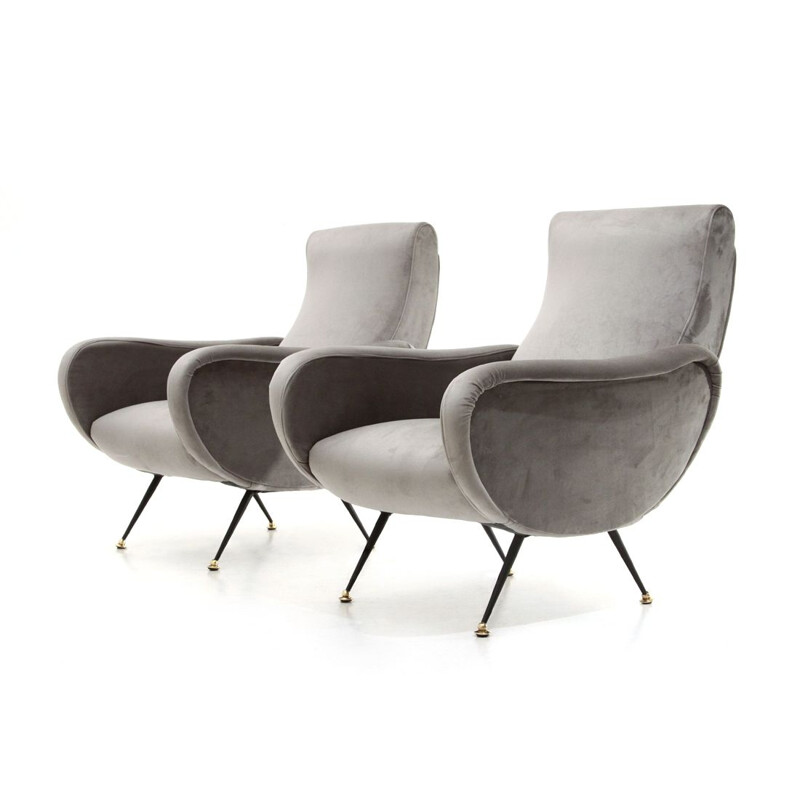 Pair of vintage grey velvet armchairs 1950