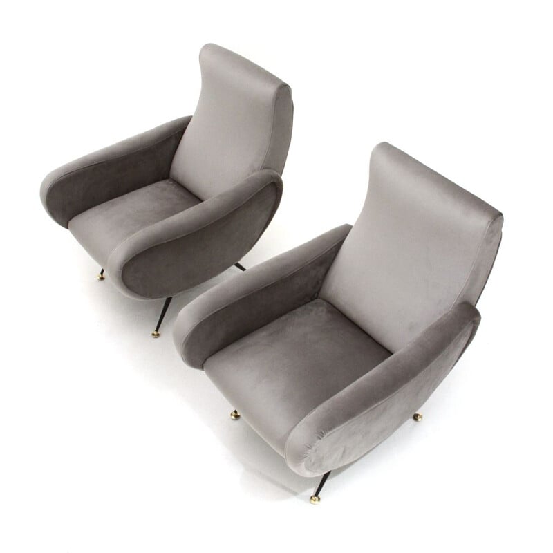 Pair of vintage grey velvet armchairs 1950