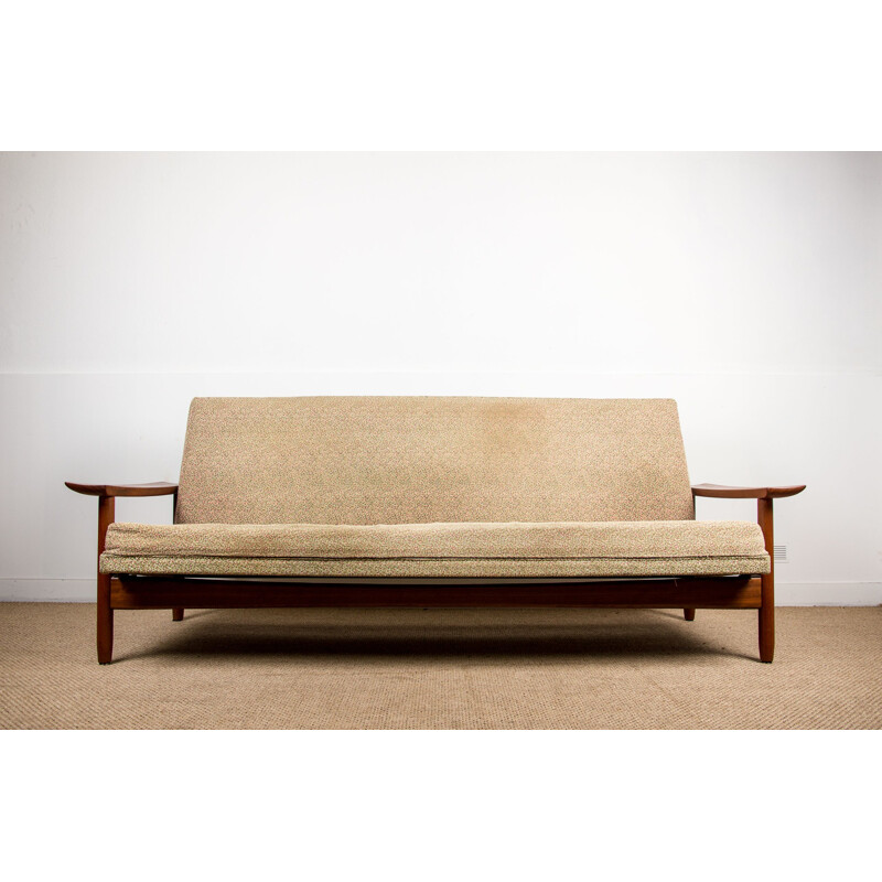 Grand canapé-lit vintage 4 places en teck et tissu, Danois 1960