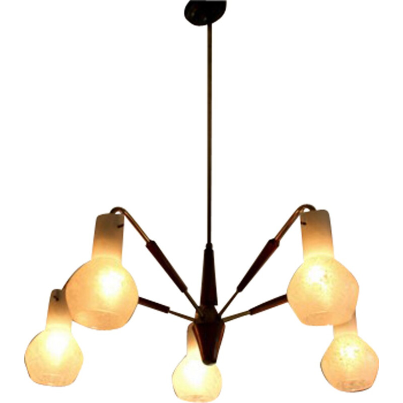 Grand lustre scandinave en teck et opaline - 1960