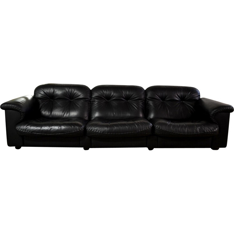 De Sede 3-seater sofa in black leather and oakwood - 1980s