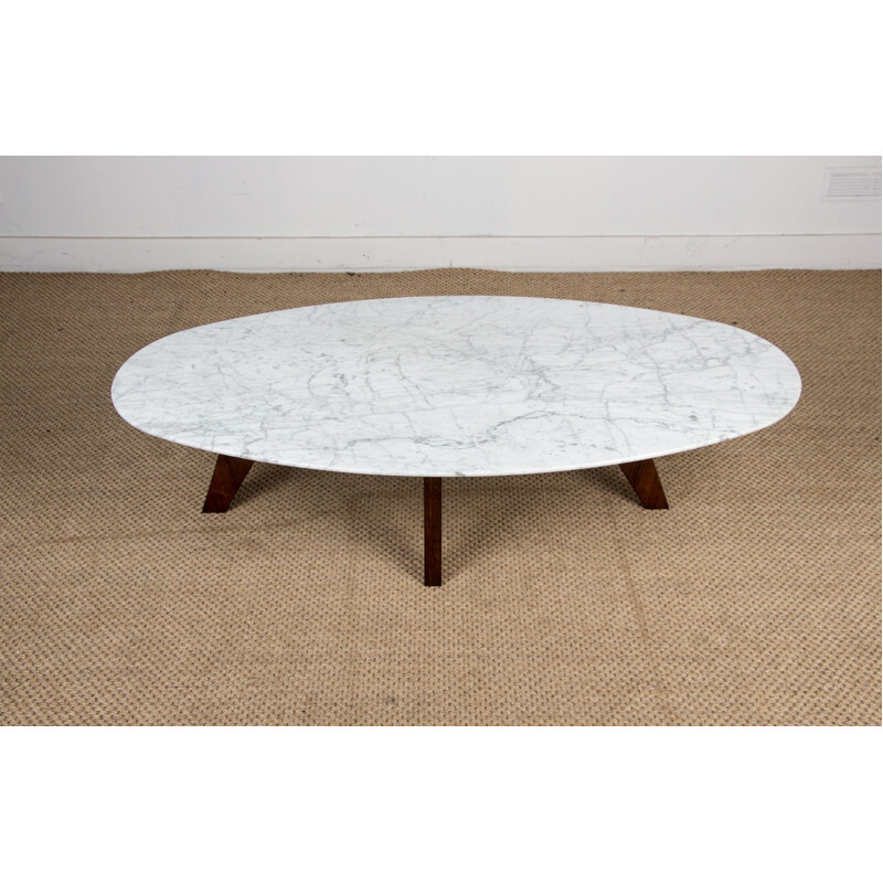 Vintage coffee table in marble and rosewood by Hugues Poignant for Roche et Bobois, France 1970s